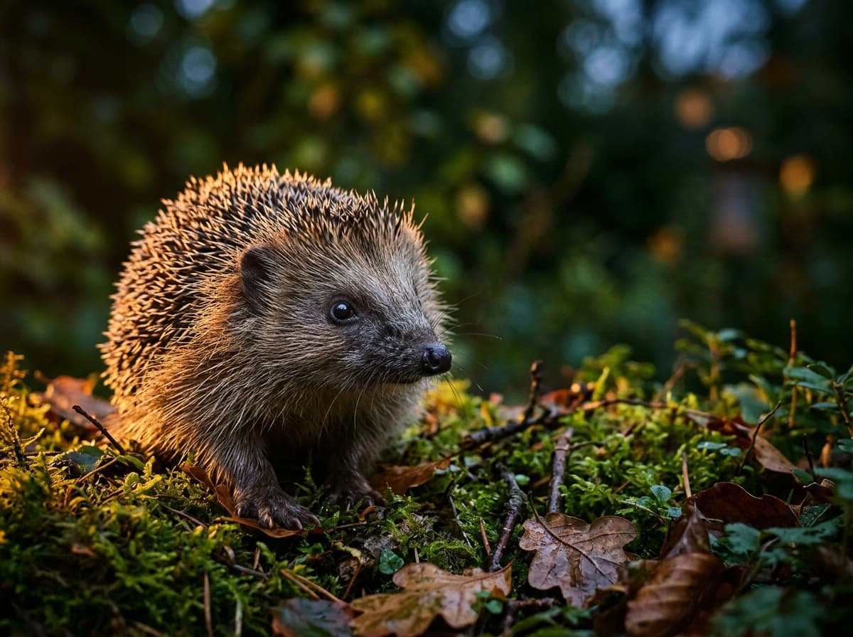 Naturkundliche Aufnahme eines Igels in der Dämmerung