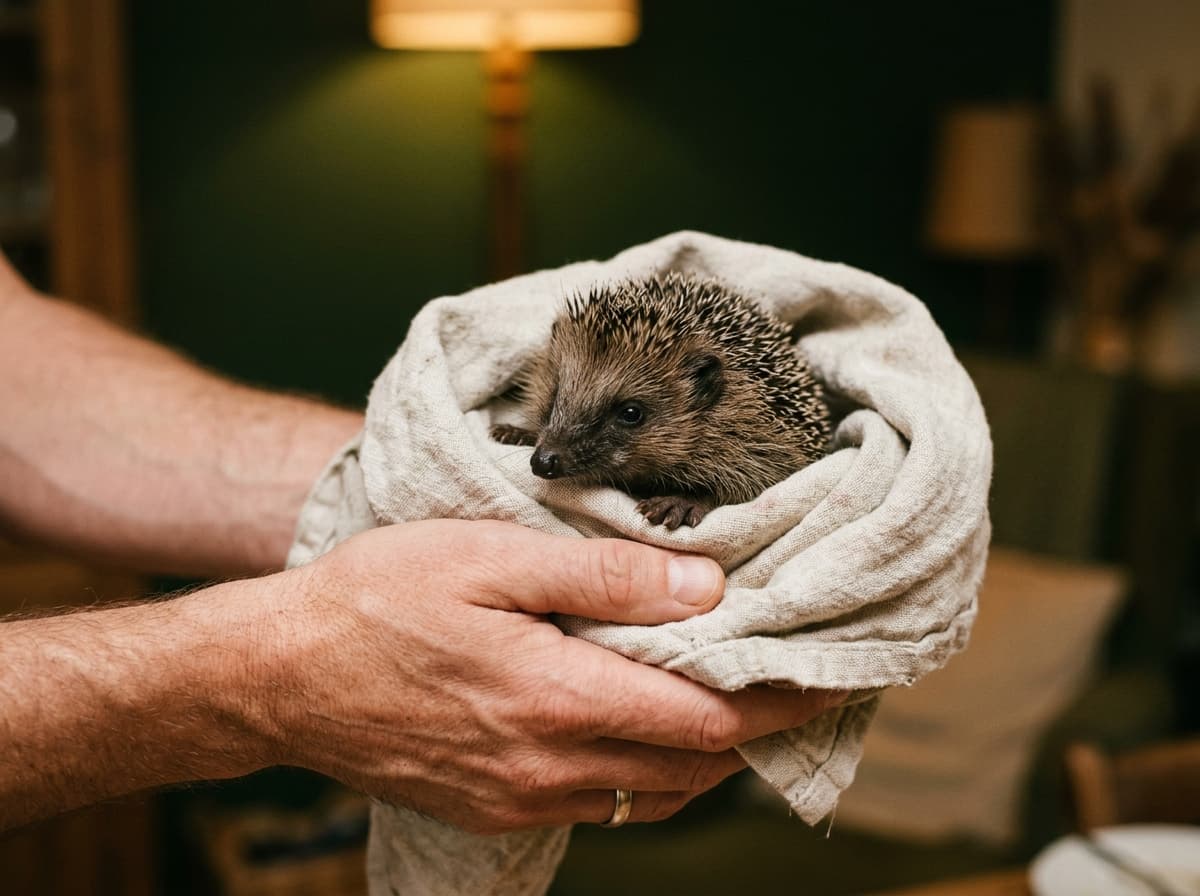 Ein winziger Igel wird behutsam in einem Tuch in den Händen gehalten