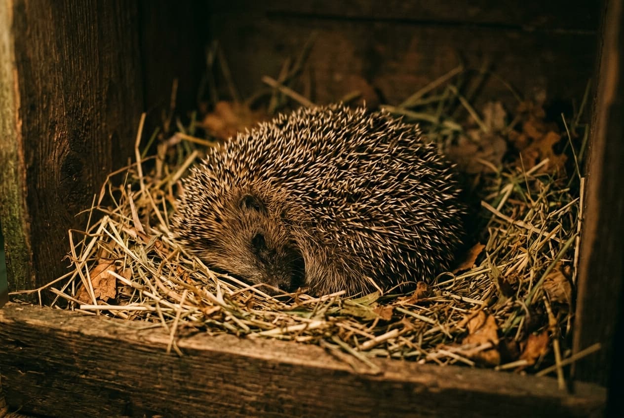 Ein Igel schläft zusammengerollt auf Heu in einer warmen Nistbox