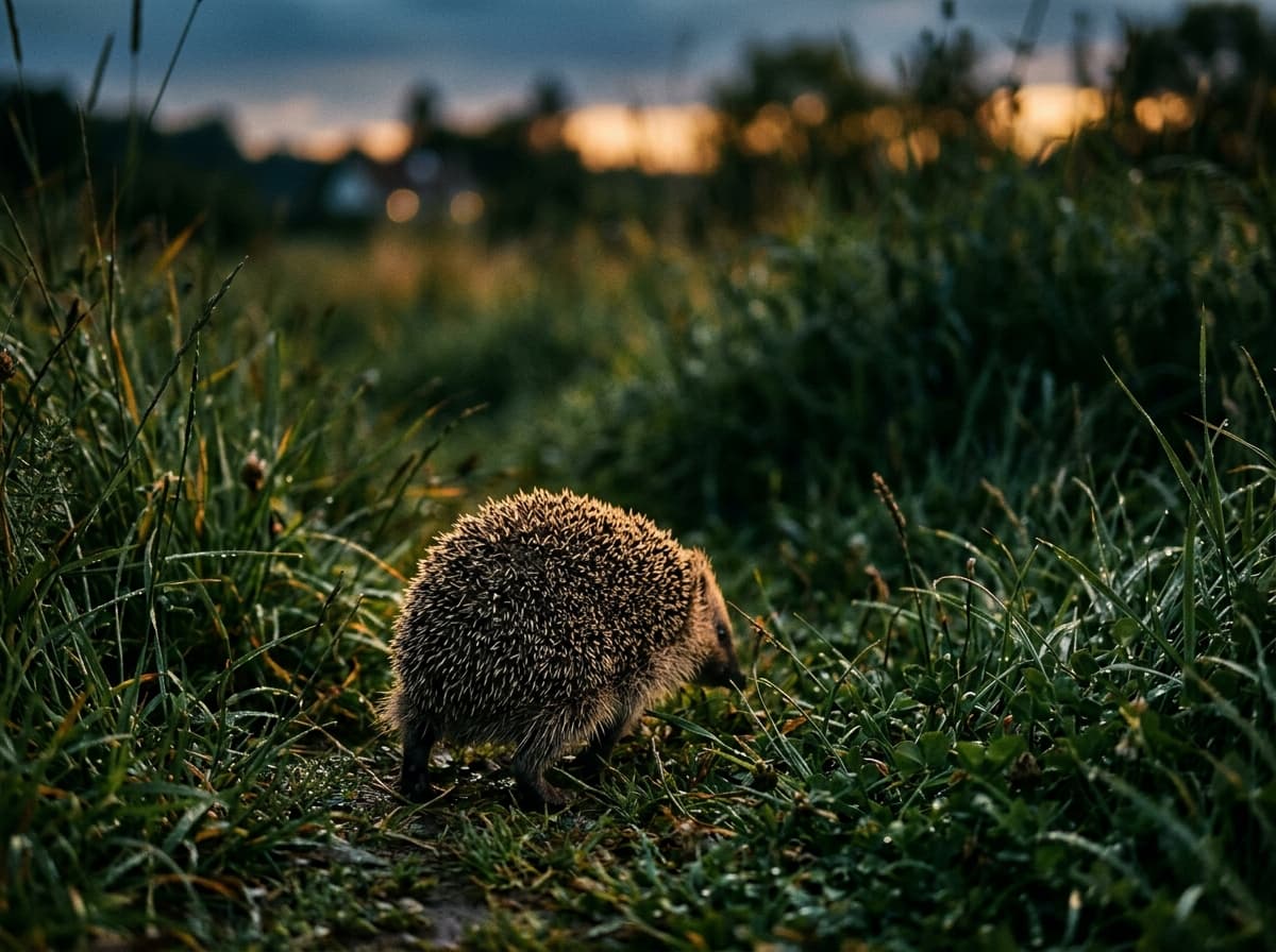 Ein geretteter Igel läuft in der Dämmerung zurück in die Freiheit