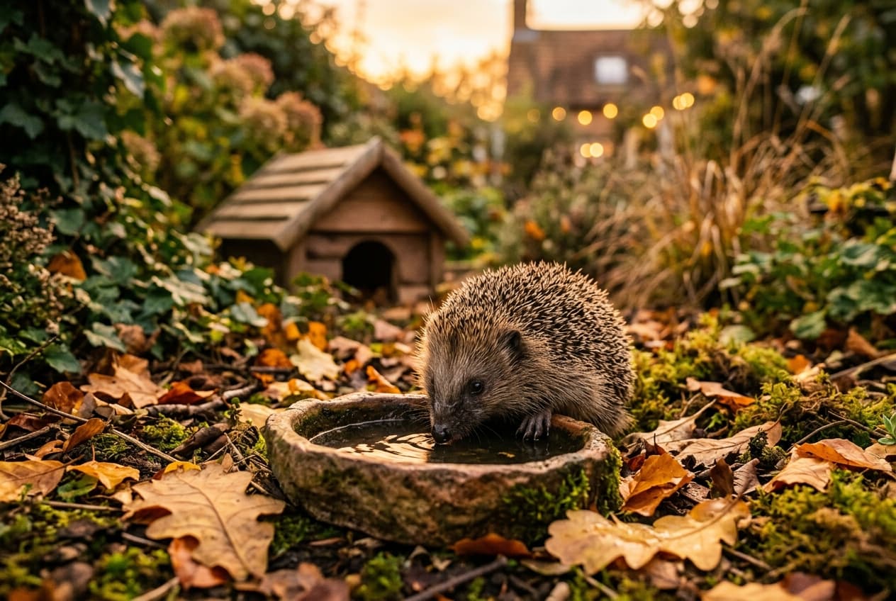 Ein Igel trinkt Wasser in einem gepflegten, igelfreundlichen Garten