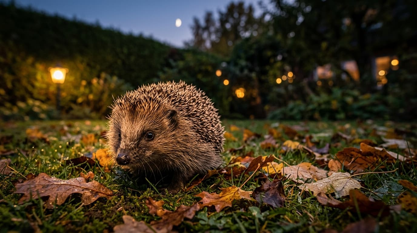 Igel in der Dämmerung im tau-nassen Gras