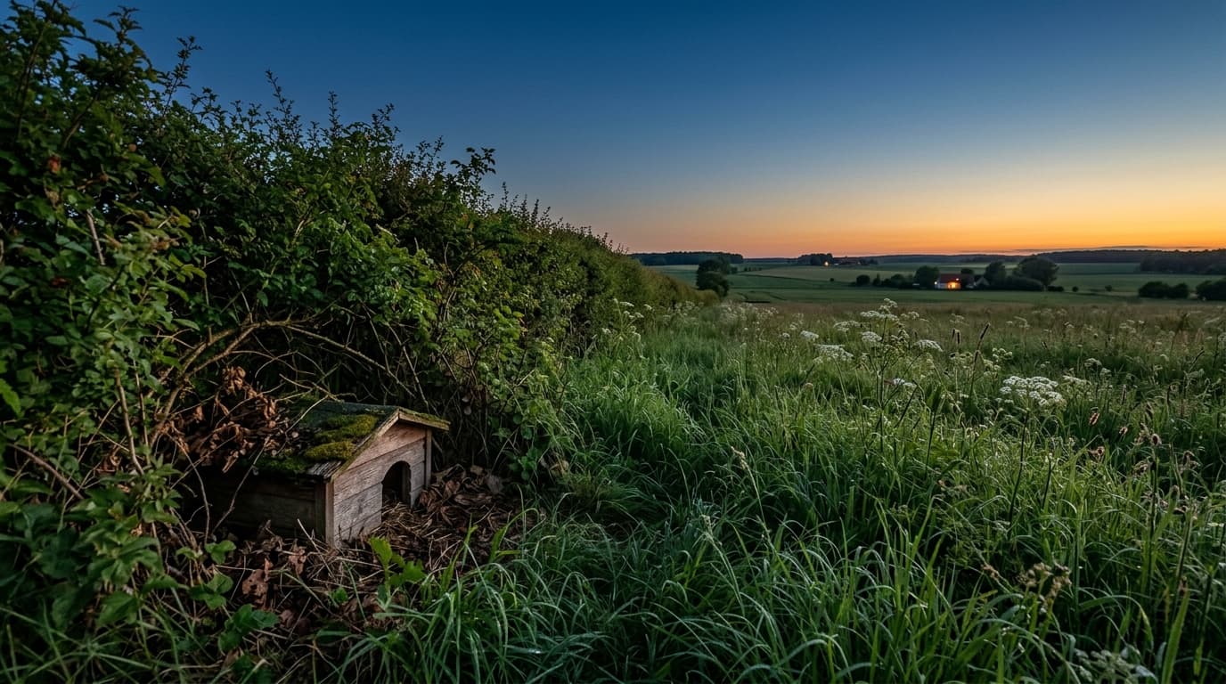 Ländliche Hecke und Wiese in der Dämmerung bei Burg mit einem kleinen Igelhaus